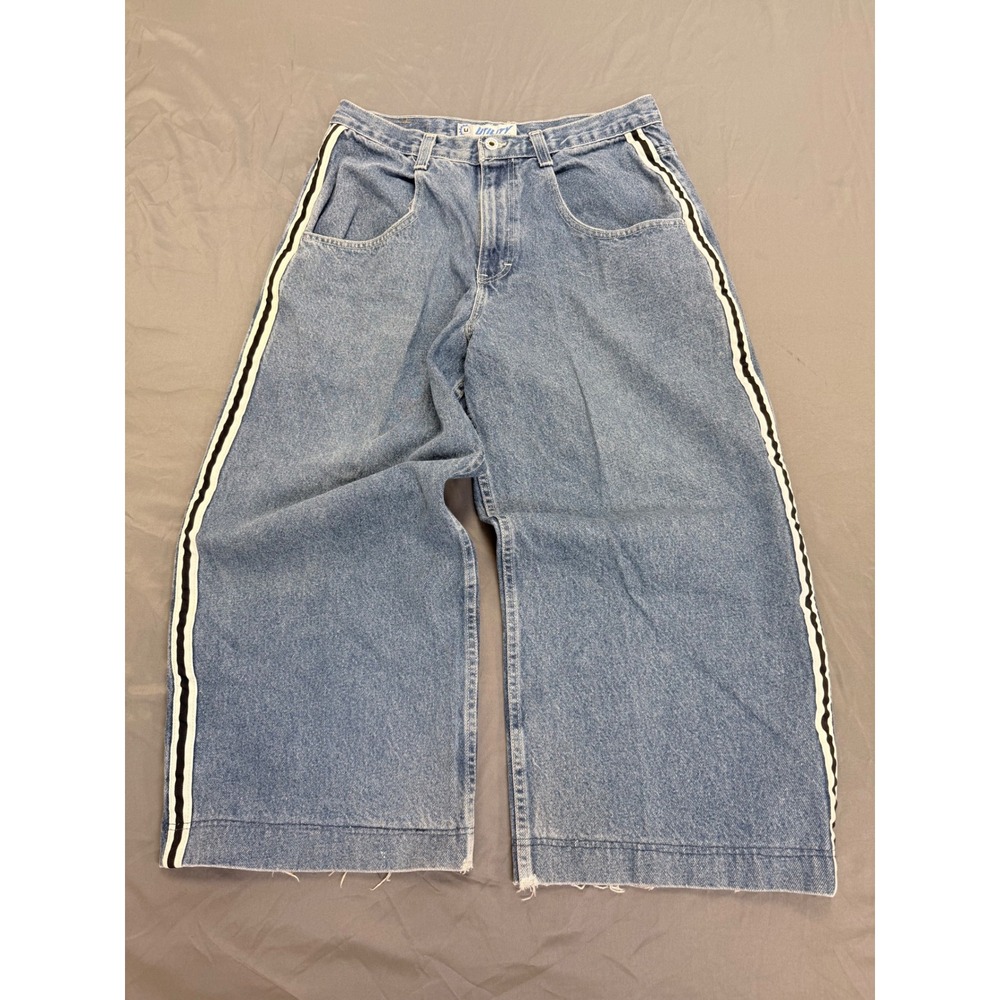 Vintage Utility Brand Wide Leg Baggy Jeans Side Stripe Blue Denim 34x30 Y2K